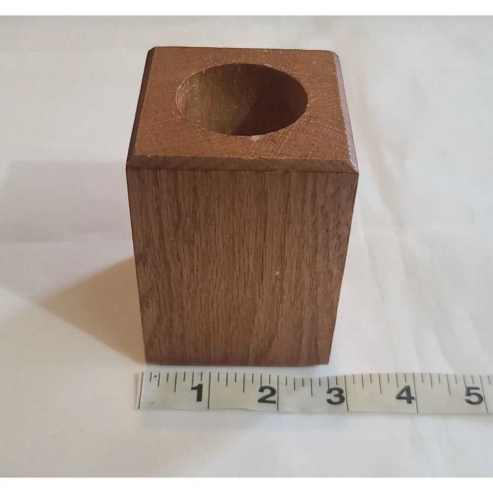 Vintage Handmade Wood Candle Holder Wooden Block MCM 4